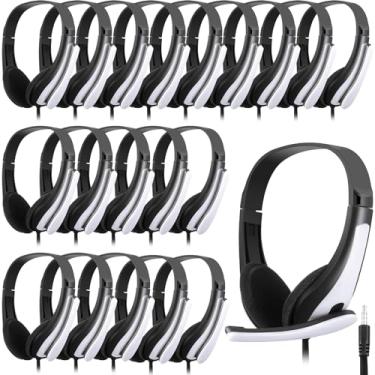 Imagem de Yunsailing Pacote com 20 fones de ouvido para sala de aula com microfone – plugue de 3,5 mm para estudantes, fones de ouvido com fio, volume para escola, escritório, computador, laptop e telefone