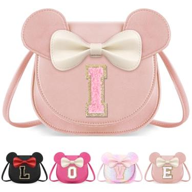 Imagem de izuzta Bolsa infantil para crianças 1 2 3 4 5 6 7 8 anos de idade bonito mouse orelha laço bolsa transversal presente de aniversário, Grande/bolsa rosa/letra rosa, I, I