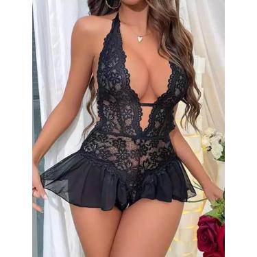 Imagem de Vestido de Babydoll de Renda comAberta ElaShopp, Preto, G