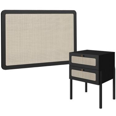 Imagem de Cabeceira Solteiro 90cm E 1 Mesa Lateral 2 Gavetas Madeira Moss A03 Nero Preto