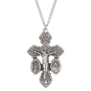 Imagem de Christian Brands Pingente de crucifixo de medalha dupla Creed Divine Mercy e Santa Faustina em corrente de 61 cm, placa de prata antiga, 6,3 cm