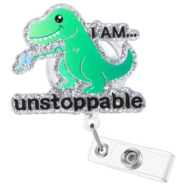 Imagem de Carretel de crachá T-Rex para enfermeiros e médicos - Suporte de identificação médica engraçado com design "I Am Unstoppable" - Clipe durável e ajustável para esfoliantes, cordões ou chaves