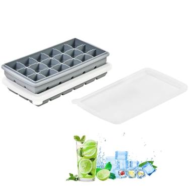 Imagem de Bandeja de silicone para cubos de gelo, pacote com 2 moldes para cubos de gelo, bandeja flexível de 18 grades de liberação fácil com tampa removível, reutilizável e livre de BPA
