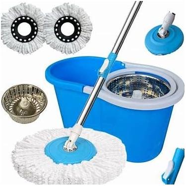 Imagem de Mop Giratório kit Balde 12L, Cesto em Inox, Sistema de Limpeza Completo, Azul e Branco com 2 Refils