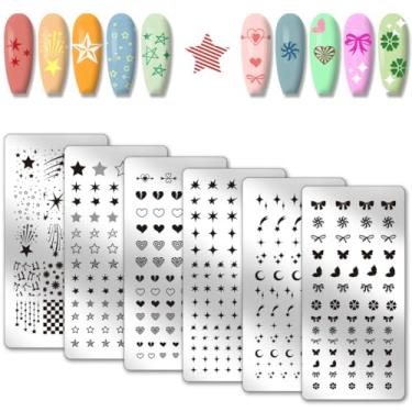 Imagem de PH PandaHall 6 peças de estrelas, padrão de lua, placa de carimbo de unha, estampa de coração, molde de arte de aço inoxidável, placa de imagem de unhas, estampa de borboleta, estênceis artísticos