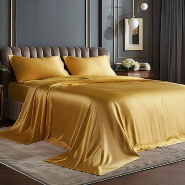 Imagem de BEDELITE Jogo de cama solteiro de cetim GG, luxuoso, macio, dourado e sedoso, semelhante a seda, 3 peças, 1 lençol com elástico alto, 1 lençol de cima e 1 fronha