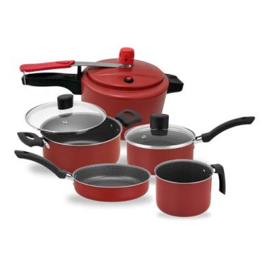 Imagem de Jogo de Panelas Antiaderente Com Panela de Pressão 5 Peças Tampa de Vi