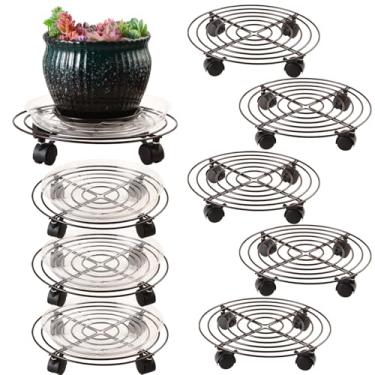 Imagem de 8 pacotes de suporte grande de metal para plantas com rodas 33 cm suportes para plantas de rolamento de ferro forjado resistentes com rodízios, base de rolo para plantas internas e externas, pires