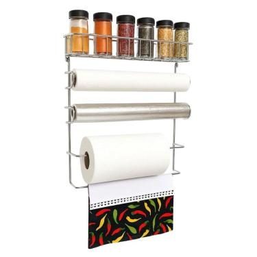 Imagem de Conjunto Porta Papel Toalha 5 em 1 Cromado com 6 Potes para Tempero Vidro Tampa Black