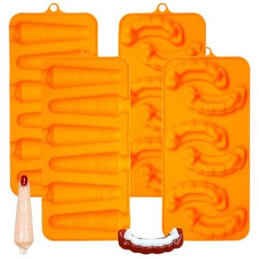 Imagem de Moldes de silicone para doces de Halloween, formas de dentes de dedo e vampiro, bandejas de cubos de gelo laranja, pacote com 4