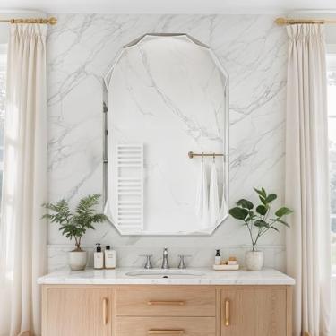 Imagem de Espelho de banheiro para parede, espelho de estilo arqueado de 76 cm x 122 cm, espelho de banheiro com borda chanfrada, espelhos de parede sem moldura, espelhos de parede decorativos, espelho de borda