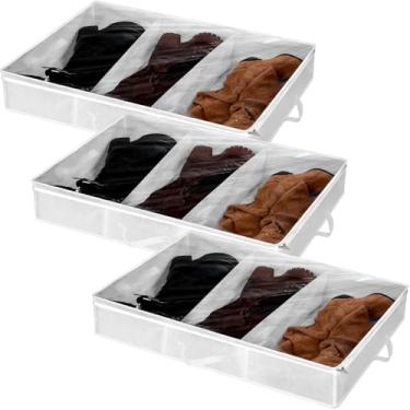 Imagem de SATINIOR 3 peças, 3 seções, bolsa de armazenamento de sapatos embaixo da cama, branca, organizador de sapatos com bolsos grandes transparentes, tecido para armazenamento de botas masculinas e