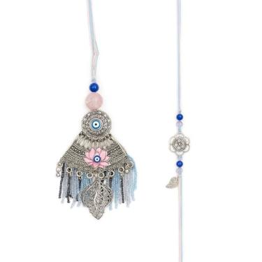 Imagem de Aijani Bhaiya Bhabhi Rakhi com design de olho turco e lótus | Conjunto Rakhi banhado a prata antiga com miçangas, borlas e pingente de folha | Presente Raksha Bandhan para irmão e cunhada