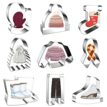 Imagem de Conjunto de cortadores de biscoito de inverno – 9 peças – Mittern, chapéu, meia, jaqueta, suéter feio, cachecol, bota de neve, calça, cortadores de biscoito para patins no gelo, formas de fondant