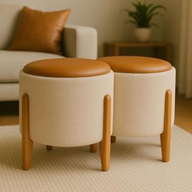 Imagem de Kit 2 Puff Banquetas Redondo Banco Pufe Assento Macio em Courino Tecido Boucle Decorativo para Sala Escritório Apartamento Soft Lux com Pés em Madeira (Areia/Caramelo)
