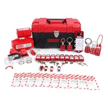 Imagem de Fockety Kit de bloqueio e etiquetagem, bloqueio de disjuntor com grampo, fechos de bloqueios de grupo, cadeados de segurança Loto, etiqueta de bloqueios e caixa de ferramentas