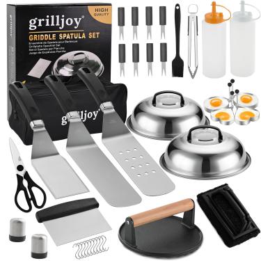 Imagem de grilljoy Kit De Acessórios Para Chapa Profissional Com Prensa Para Hambúrguer Smash - Espátula Extra Grossa Para Grelha, Espátula, Virador - Kit De Ferramentas Para Grelha Plana Com 28 Peças Para C
