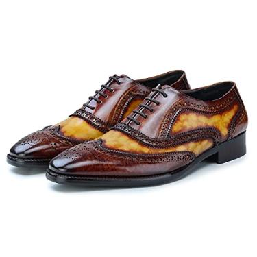 Imagem de Lethato Sapato social masculino Wingtip Brogue Oxford feito à mão em couro legítimo com cadarço, Marrom e marrom, 8.5-9