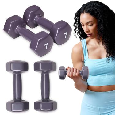 Imagem de SPRI Conjunto de halteres de peso de mão de 900 a 3 kg revestido de vinil para exercícios e fitness haltere para exercícios em casa, equipamento de ginástica, treinamento de força, pesos livres para mulheres, homens, (G) roxo