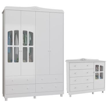 Imagem de Jogo De Quarto Infantil Elô Com Janela Guarda Roupa E Cômoda Branco Brilho - Móveis Peroba
