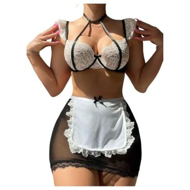 Imagem de RoseSeek Conjunto de lingerie feminina de cosplay de renda flroal transparente e conjunto de saias com tanga roupas impertinentes, Preto, Large
