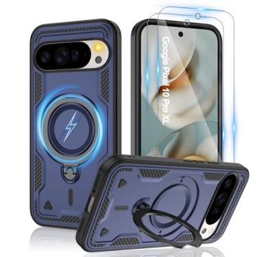 Imagem de Gritup Capa para Google Pixel 10 Pro XL: compatível com MagSafe | com protetor de tela HD × 2 | Suporte giratório de metal | Proteção à prova de quedas de grau militar | Antiimpressões digitais, azul