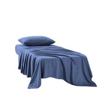 Imagem de Kingnex Jogo de cama de beliche listrado de 3 peças para cama de solteiro estreita de microfibra 1800 escovada macia inclui 1 lençol com elástico, 1 lençol de cima, 1 fronha, azul marinho