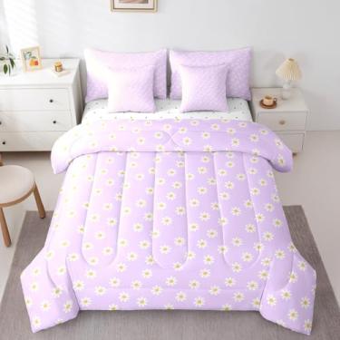 Imagem de Conjunto de cama Queen com estampa de margaridas e flores de desenho animado fofo, floral, botânico, arte geométrica, roxo (edredom + lençol com elástico + 2 fronhas + 2 capas de travesseiro)