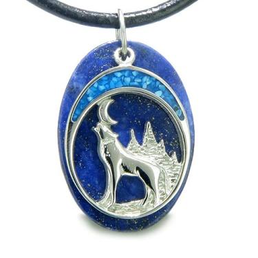 Imagem de Colar de lua com detalhes de lobo uivante turquesa - Joias de pedras preciosas espirituais - Amuletos da série I am Moonlight, 18" LEATHER CORD - Lapis Lazuli, pedra preciosa Aço inoxidável Couro