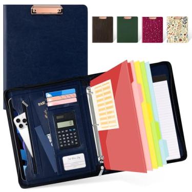 Imagem de Ospelelf Fichário de portfólio de 3 anéis com zíper, prancheta de couro com armazenamento, pasta masculina para tablet de 30,7 cm, 5 divisórias com bolso, bloco de notas recarregável, compartimento