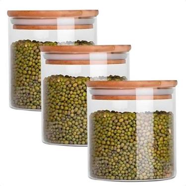 Imagem de Kit 3 Pote de Vidro com Tampa de Bambu Oikos 500ML Hermético Redondo E