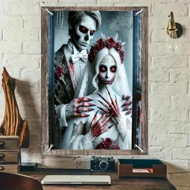 Imagem de BlissYard Capa de janela de Halloween fantasma assustador noiva olhos vermelhos garras sangrentas rosa 79 x 123 centímetros coroa casamento assombrado espírito assustador decoração de janela poliéster