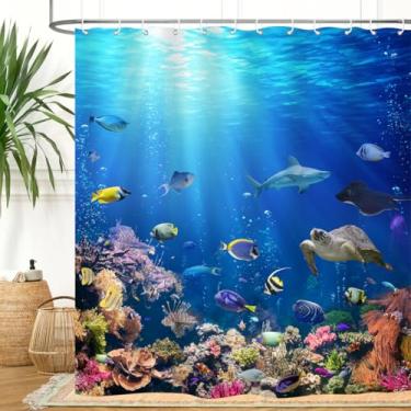 Imagem de ZXMBF Cortina de chuveiro oceano mundo subaquático colorido peixes tropicais tartaruga coral no mar profundo decoração de casa tecido à prova d'água 182x178 cm ganchos de plástico azul 12 peças