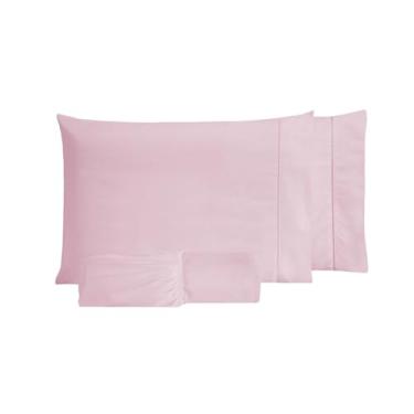 Imagem de Jogo Lençol 100% Algodão 200 Fios C/Elástico Fronhas Ponto Palito Antialérgico (Rosa, Casal)