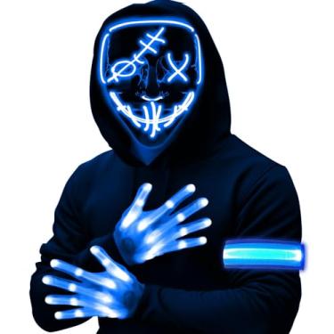Imagem de AMENON Conjunto de 3 máscaras de LED de Halloween, luvas assustadoras e braçadeiras de LED que brilham no escuro, festa à fantasia de Halloween para crianças adultas