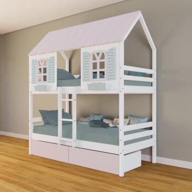 Imagem de Beliche Casinha Bela com 2 Gavetas Rosa - Madeira Maciça Branco/Rosa/Verde | Housin