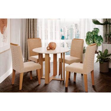 Imagem de Conjunto: Mesa de Cozinha Flora c/ Tampo Madeirado 109cm e 4 Cadeiras Clarice Cinamomo/Off White - Nature-Madeirado/Linho Be - Cimol