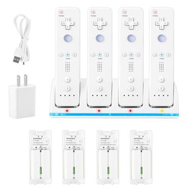 Imagem de DTianSir Carregador remoto Wii 4 em 1, estação de carregamento com 4 baterias recarregáveis de 2800 mAh, plugues, cabo USB para controle remoto Wii/Wii U (não inclui controladores)