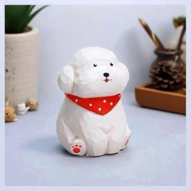 Imagem de ShaoAngDuoMi Cute Wood Teddy Dog Figurines, 2.7' Handmade Carved White Teddy Statue with Base, Unique Pet Dog Figure Collectibles Home Decor, Gift for Pet Lover