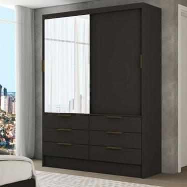 Imagem de Guarda-Roupa Solteiro Ilhéus 2 Portas de Correr 6 Gavetas com Espelho Preto - Panorama Móveis
