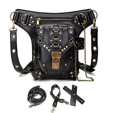 Imagem de Bolsa de cintura, pochete de motocicleta, bolsa para coxa, quadril, bolsa mensageiro, de couro, bolsa de ombro, carteira, bolso, Preto 043, Medium, Punk