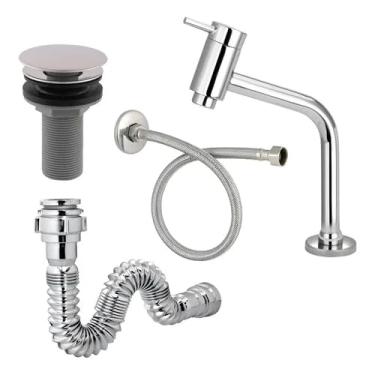 Imagem de Kit para Banheiro, Torneira Cuba Link Baixa Metálica, Válvula Click Metal, Sifão Cromado, Engate 40cm