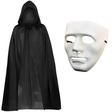 Imagem de Fantasia Máscara Sem Face Com Capa Capuz Preta Para Carnaval Halloween (140cm)