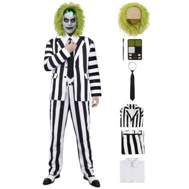 Imagem de IBQ Terno listrado preto e branco para adultos, fantasias masculinas assustadoras dos anos 80, personagem de filme de terror cosplay com peruca, camisa, gravata BQ035XL