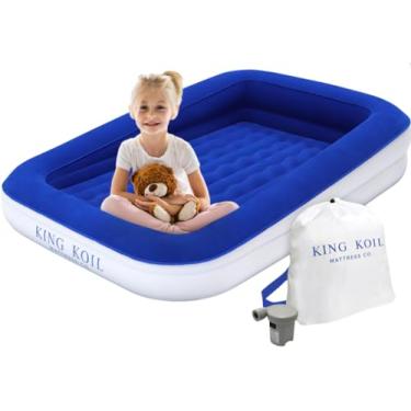 Imagem de King Koil - Cama insuflável de luxo para crianças, cama de viagem com para-choques de segurança integrado, colchão de ar portátil para crianças, inclui bomba de alta velocidade, cor azul