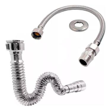 Imagem de 2X Kit Sifão + Rabicho 60Cm Metal Inox Flexível Mangueira