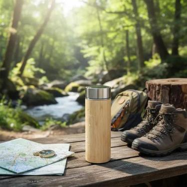 Imagem de Garrafa Térmica Squeeze Bambu Inox Medidor Temperatura 430ml - BBL
