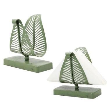 Imagem de Owlgift Conjunto de 2 porta-guardanapos de folha verde rústico – Organizador decorativo de tecido de ferro para cozinha, mesa de jantar ou entrada – Suporte de metal vintage estilo country