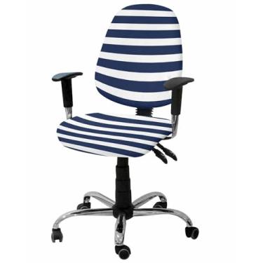 Imagem de YOKOU Capas para cadeira de escritório elásticas, azul marinho, listras brancas, elásticas, giratórias, giratórias, para computador, conjunto de capa de assento e capa traseira, moderno, minimalista
