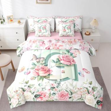 Imagem de Erosebridal Conjunto de cama com letra G com letra G e letra G para crianças, meninos, meninas, verde e letra G, conjunto de cama solteiro, 7 peças, flores rosa, plantas de jardim, conjunto de cama
